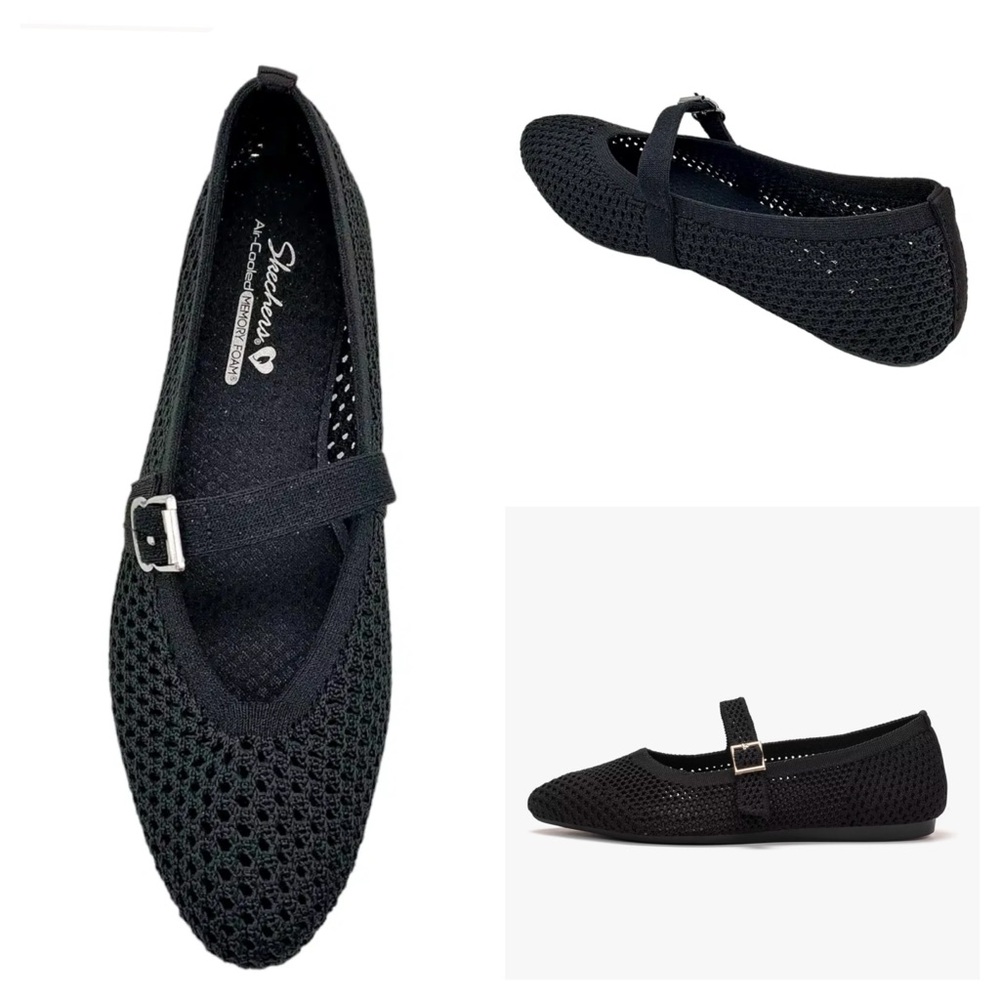 Skechers NWT Black Classic Washable Mesh Mary Janes Lightweight Buckle Flats